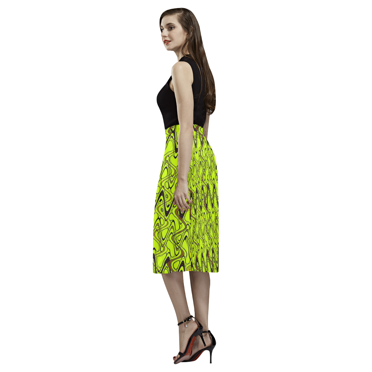 Yellow and Black Waves Aoede Crepe Skirt (Model D16)