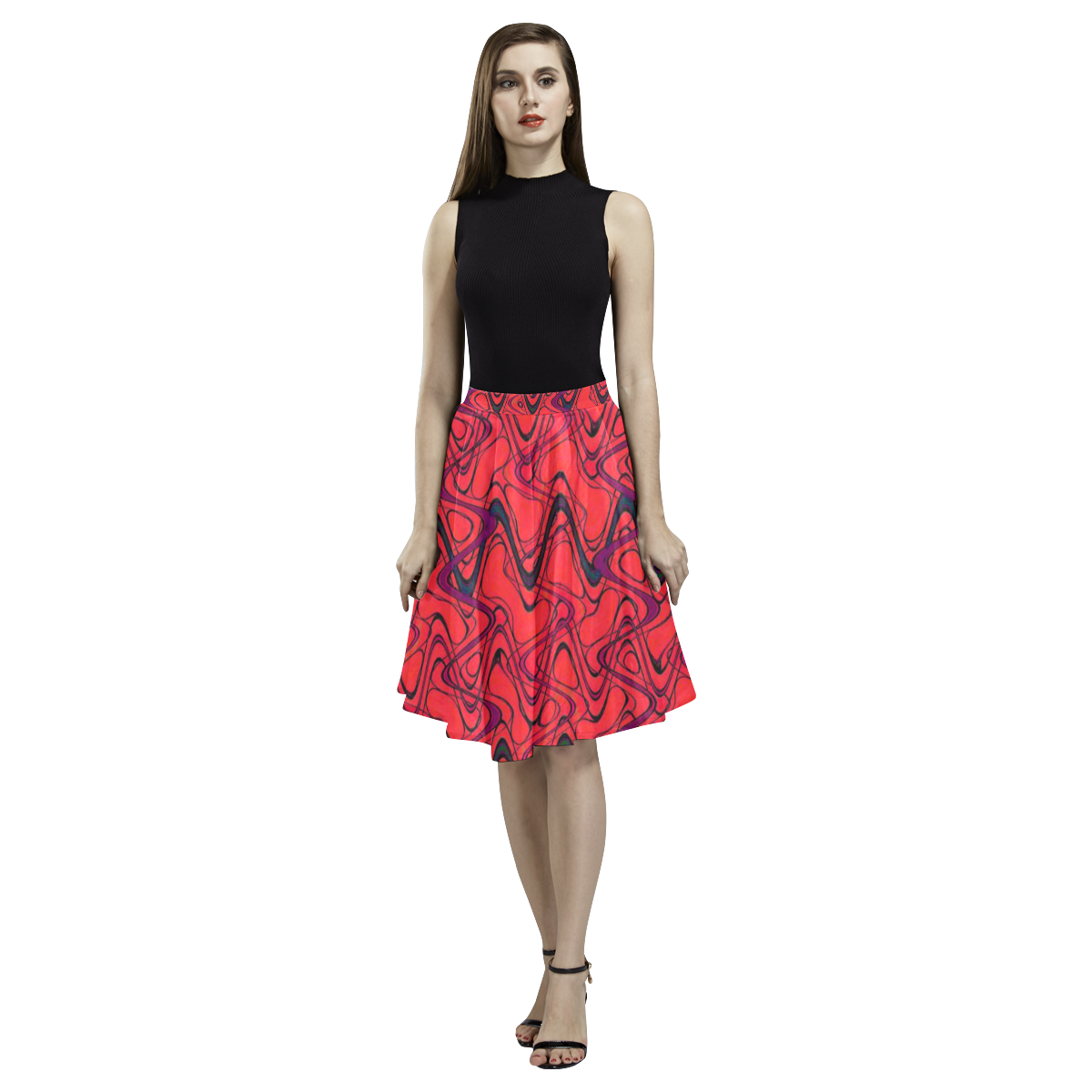 Red and Black Waves Melete Pleated Midi Skirt (Model D15)