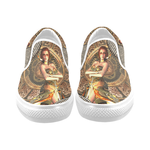 Steampunk lady with gears and clocks Women's Unusual Slip-on Canvas Shoes (Model 019)