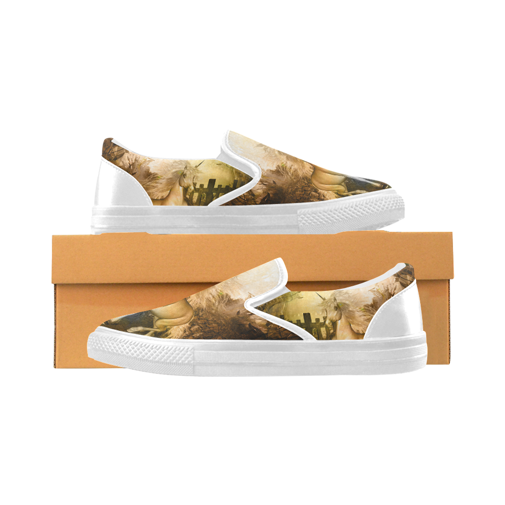 White unicorn in the night Women's Unusual Slip-on Canvas Shoes (Model 019)