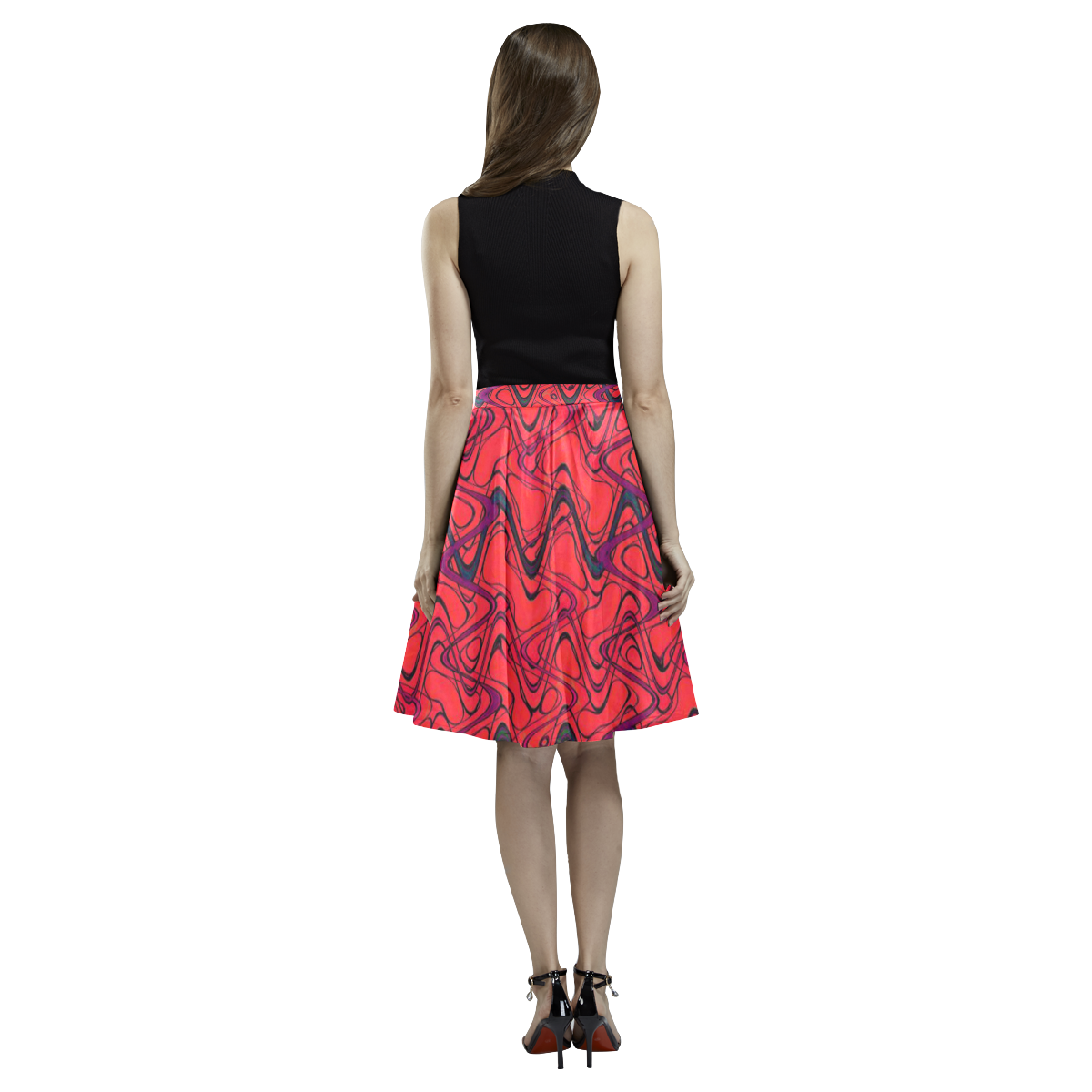 Red and Black Waves Melete Pleated Midi Skirt (Model D15)