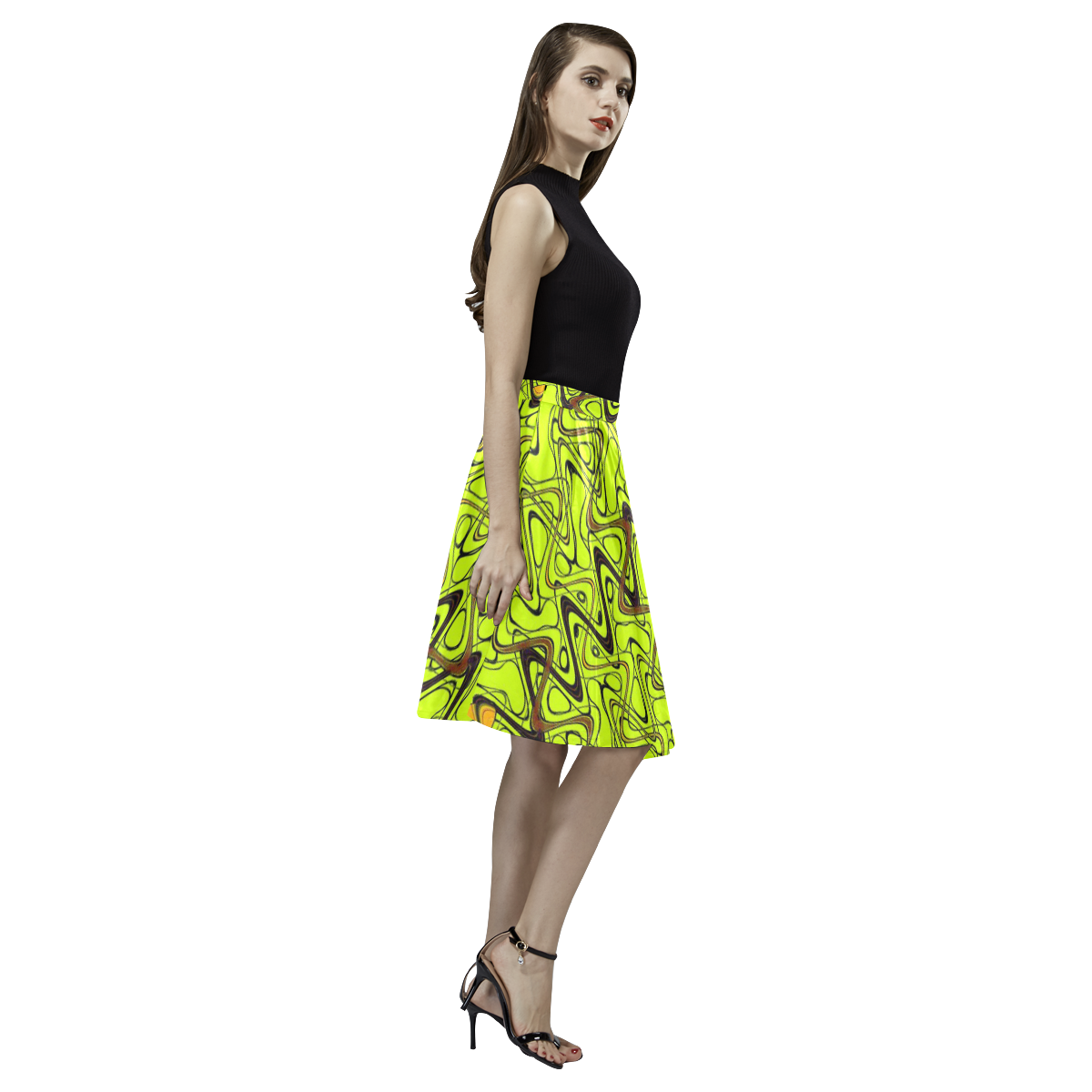 Yellow and Black Waves Melete Pleated Midi Skirt (Model D15)