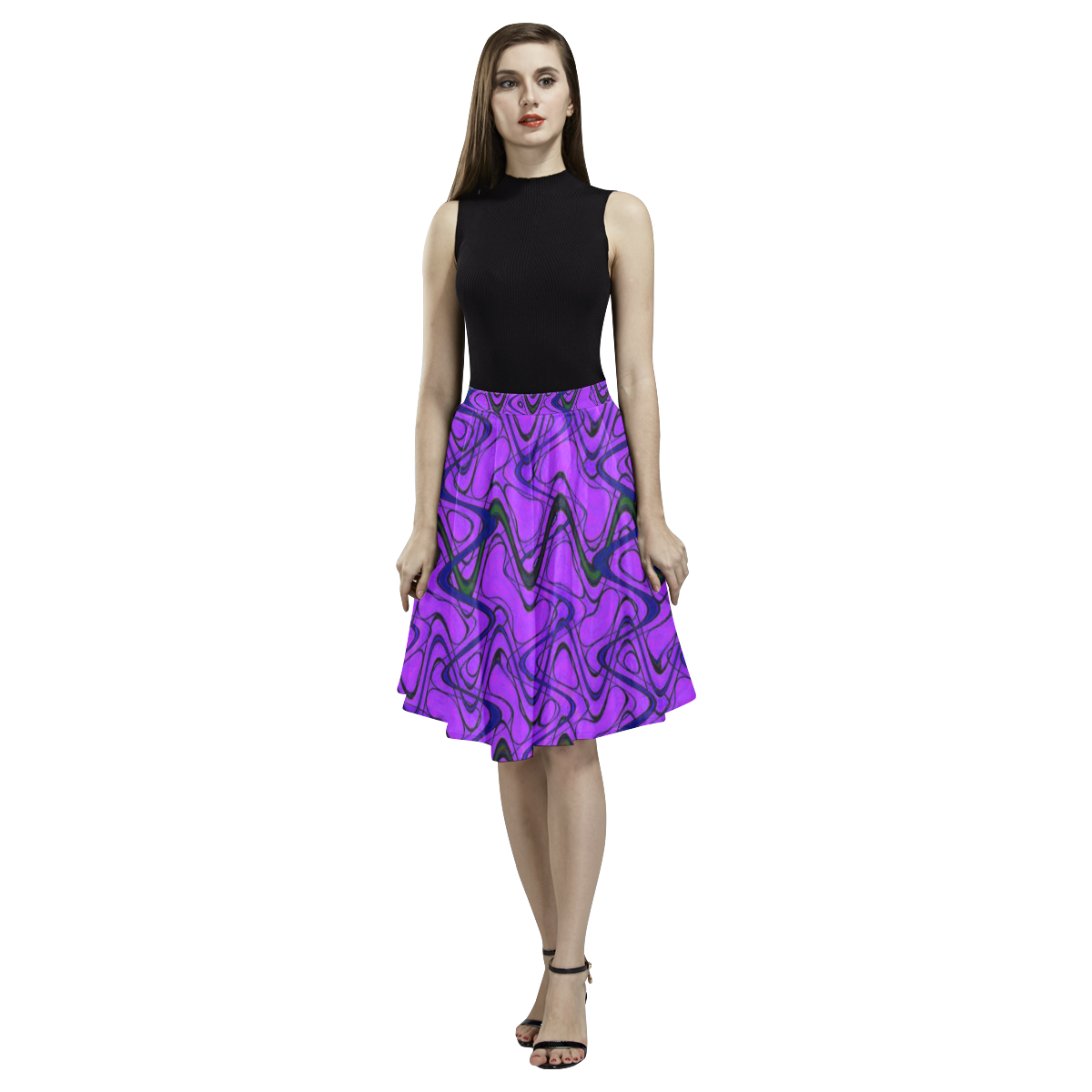 Purple and Black Waves Melete Pleated Midi Skirt (Model D15)