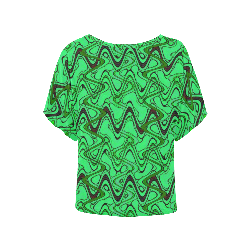 Green and Black Waves Women's Batwing-Sleeved Blouse T shirt (Model T44)