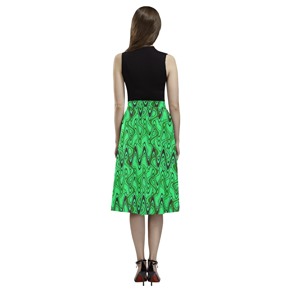 Green and Black Waves Aoede Crepe Skirt (Model D16)