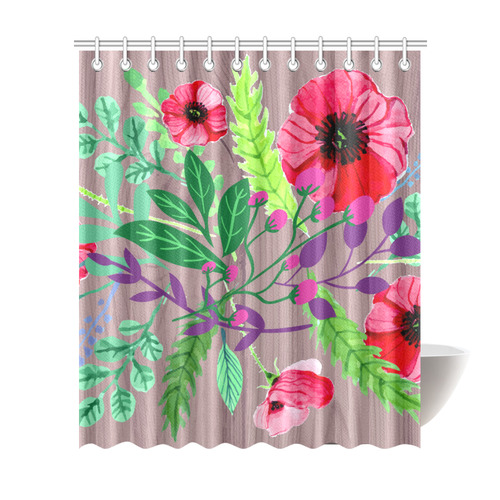 Rustic Watercolor Floral Red Poppies Shower Curtain 72"x84"