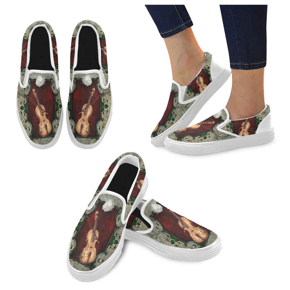 Violin with violin bow and flowers Women's Unusual Slip-on Canvas Shoes (Model 019)