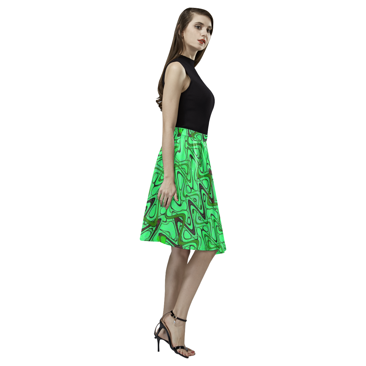 Green and Black Waves Melete Pleated Midi Skirt (Model D15)