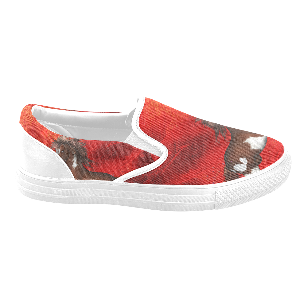 Wild horse on red background Women's Unusual Slip-on Canvas Shoes (Model 019)