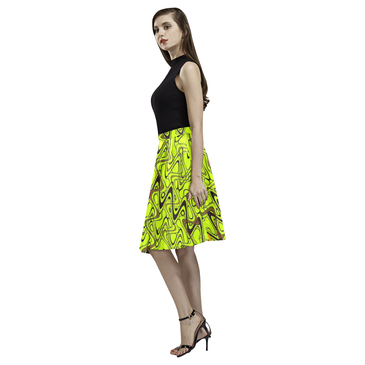 Yellow and Black Waves Melete Pleated Midi Skirt (Model D15)