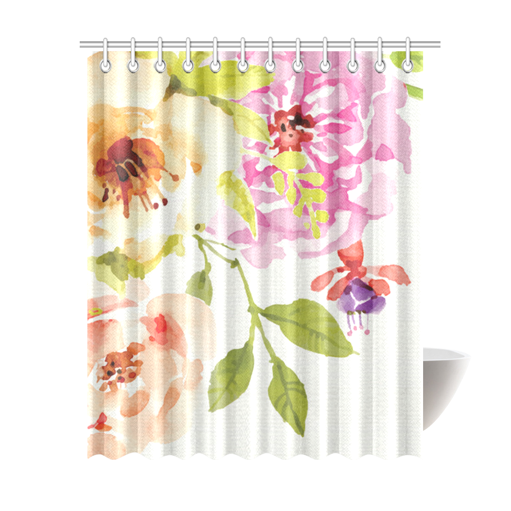 Cute Watercolor Floral Pink Orange Shower Curtain 69"x84"