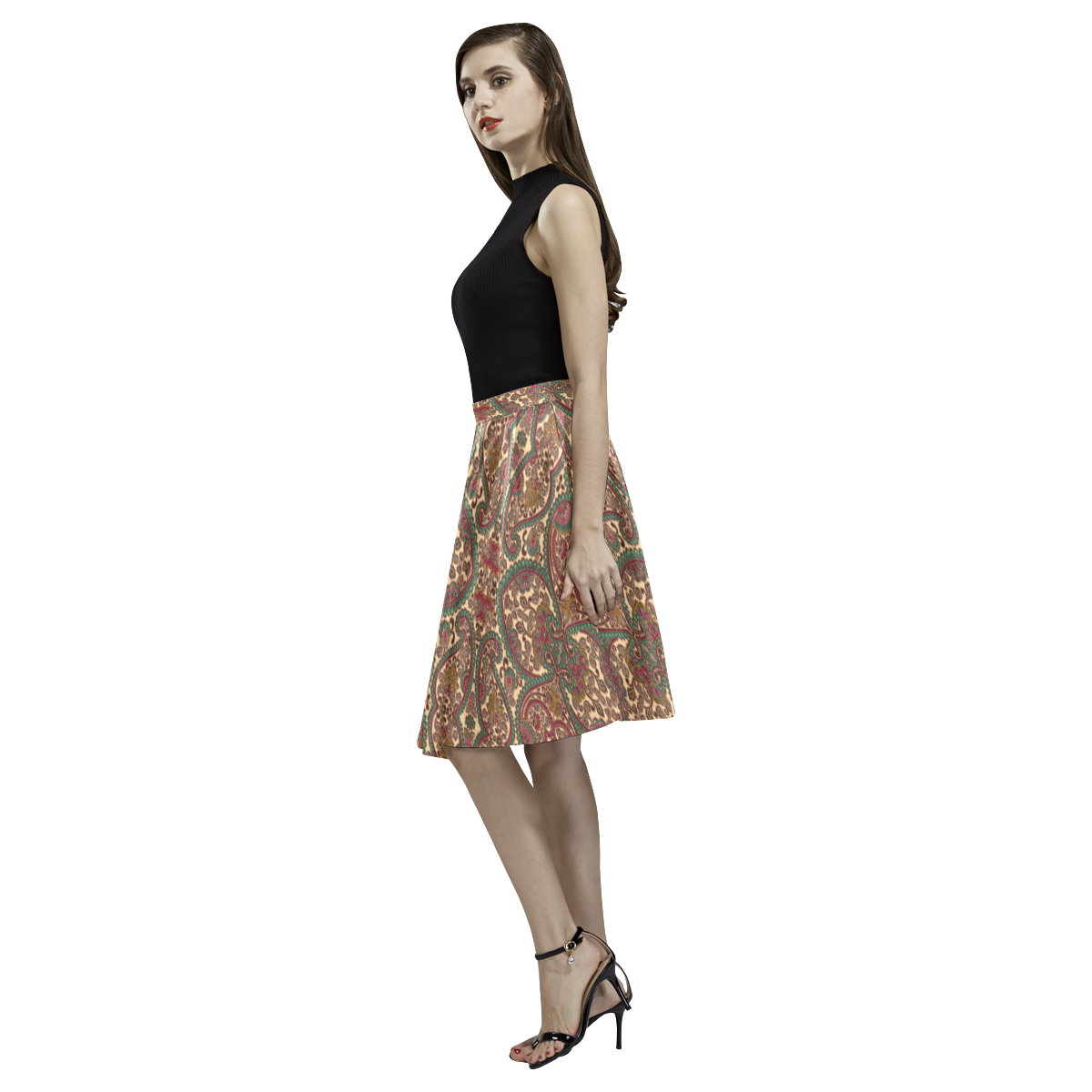 Shiny Rhinestone Hearts Melete Pleated Midi Skirt (Model D15)