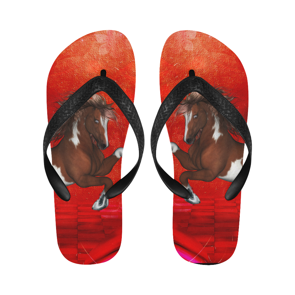 Wild horse on red background Flip Flops for Men/Women (Model 040)