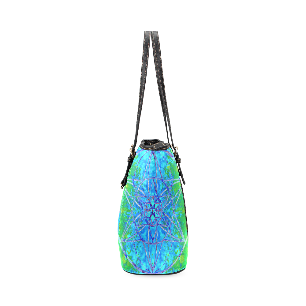 protection in nature colors-teal, blue and green Leather Tote Bag/Large (Model 1640)