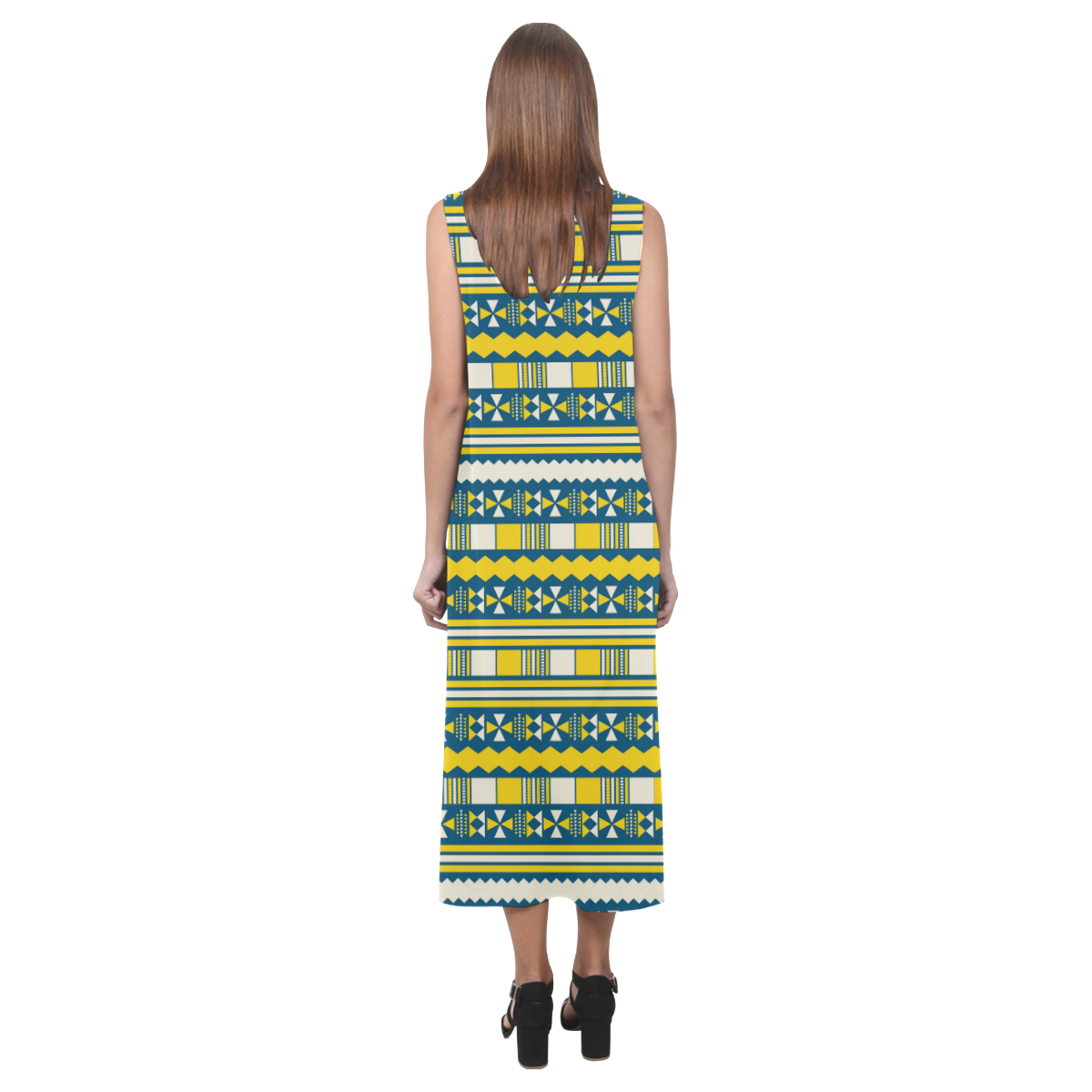 Blue With Yellow Aztec Phaedra Sleeveless Open Fork Long Dress (Model D08)