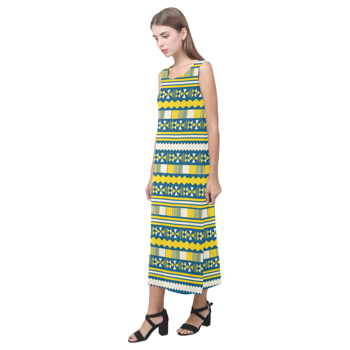 Blue With Yellow Aztec Phaedra Sleeveless Open Fork Long Dress (Model D08)