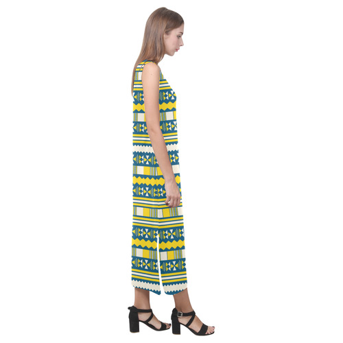 Blue With Yellow Aztec Phaedra Sleeveless Open Fork Long Dress (Model D08)