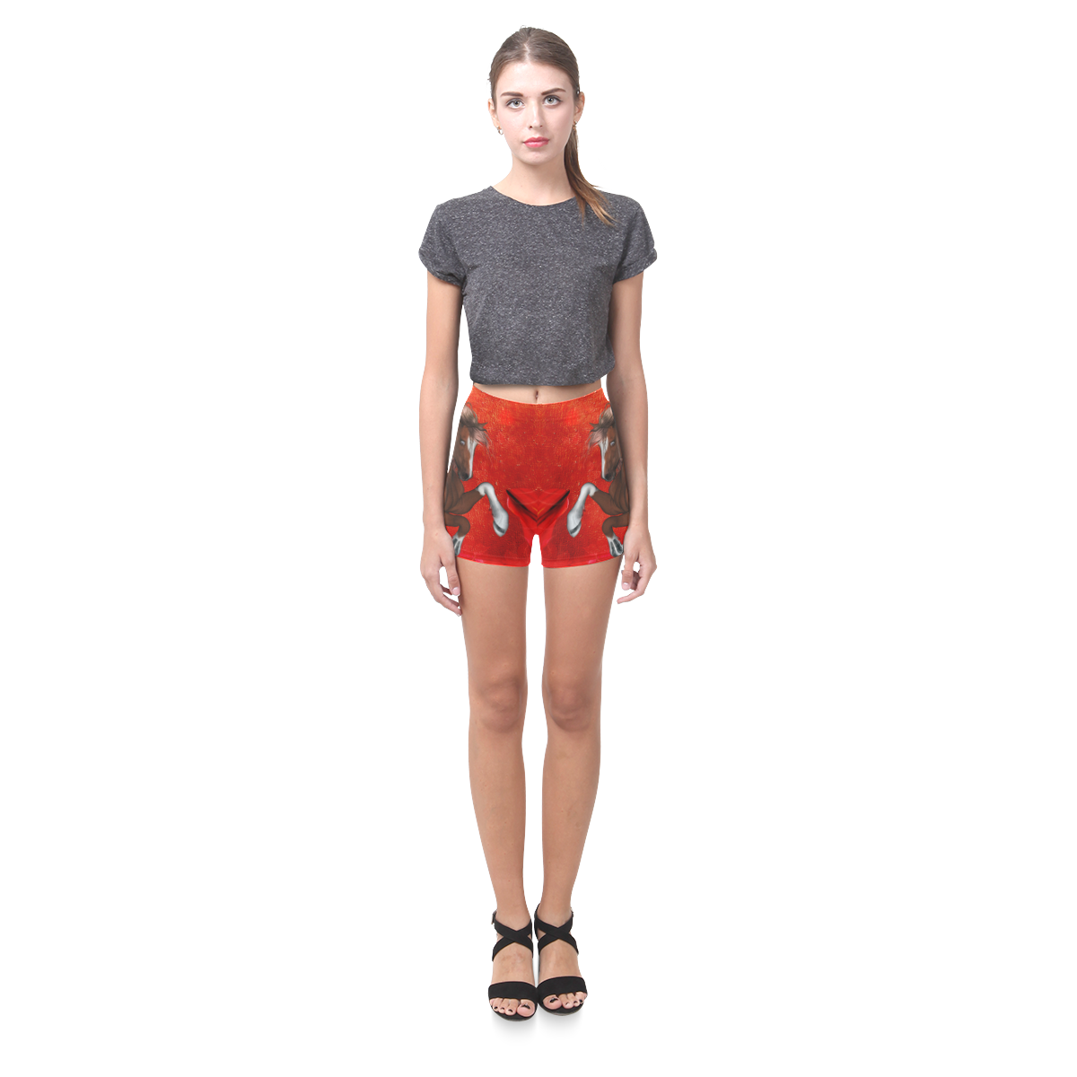 Wild horse on red background Briseis Skinny Shorts (Model L04)