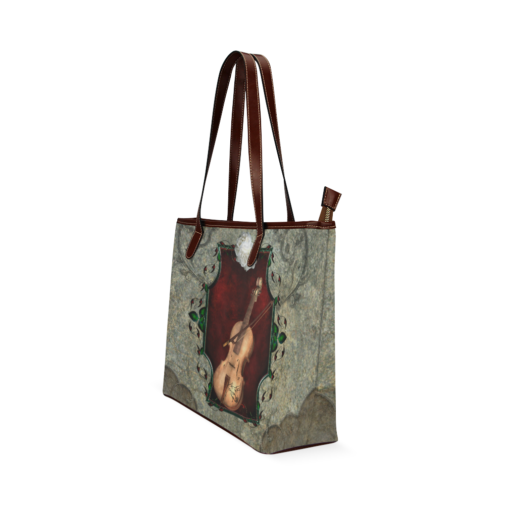 Violin with violin bow and flowers Shoulder Tote Bag (Model 1646)