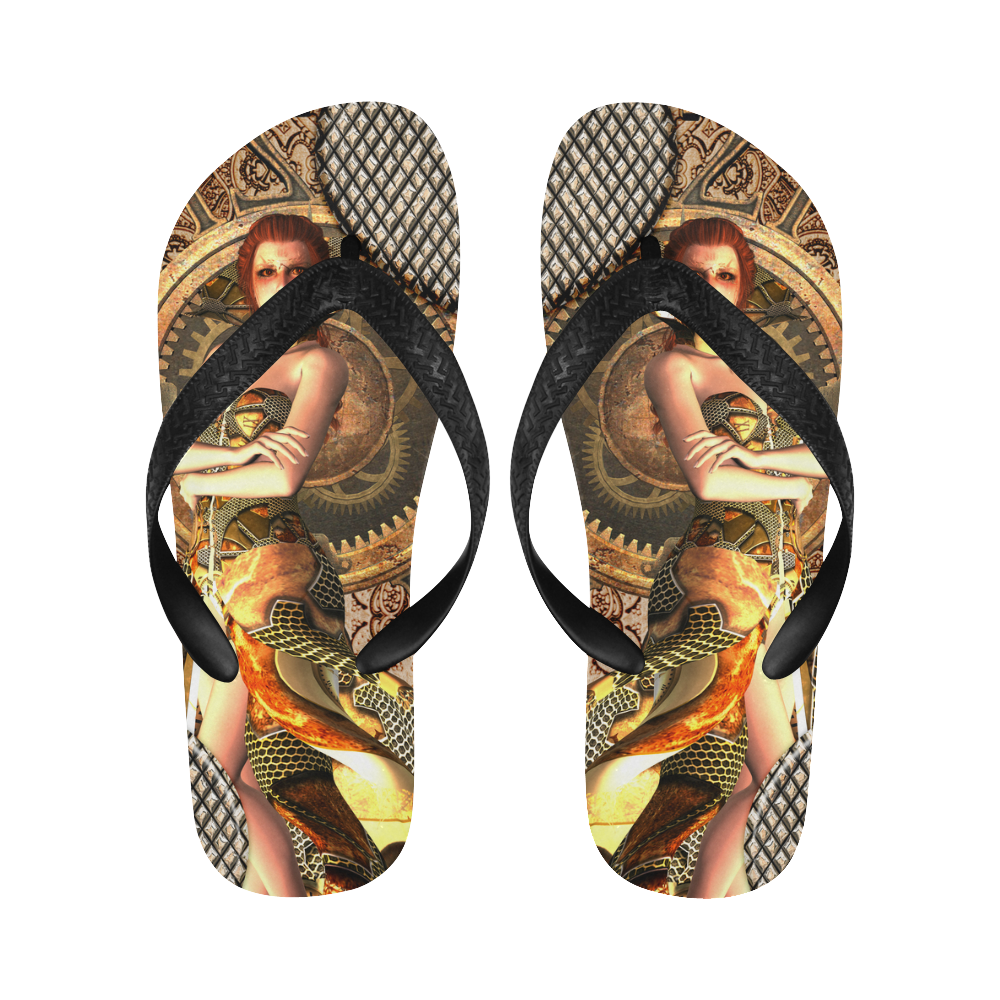 steampunk lady with clocks and gears Flip Flops for Men/Women (Model 040)