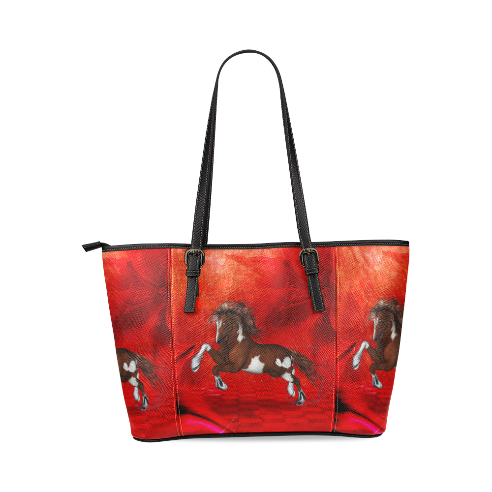 Wild horse on red background Leather Tote Bag/Large (Model 1640)