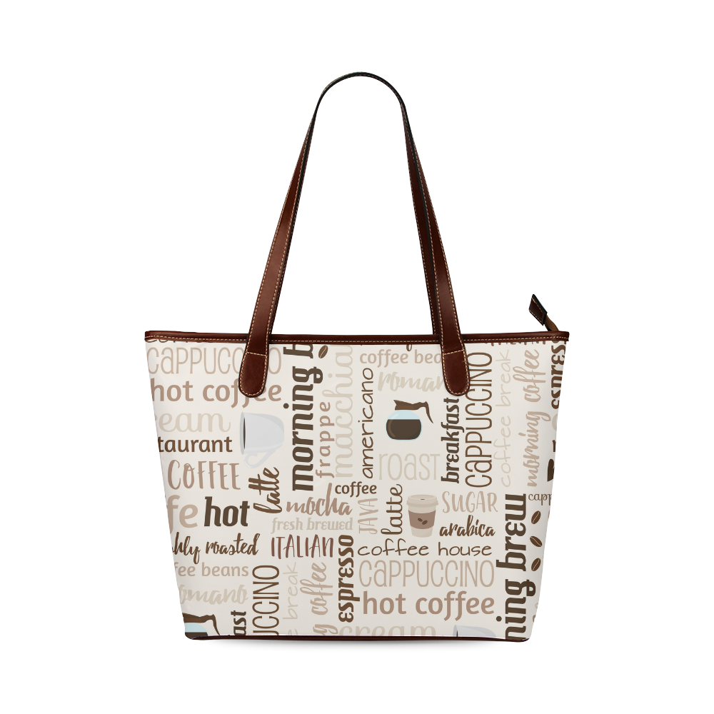 Cream, Beige, Chocolate, Coffee, Cappuccino, Latte, Words Pattern. Shoulder Tote Bag (Model 1646)
