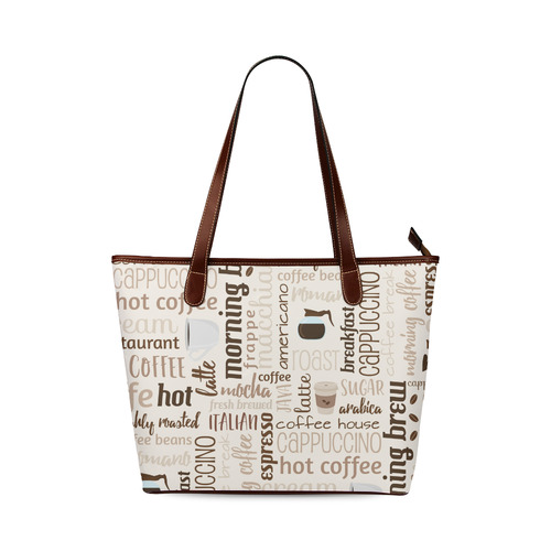 Cream, Beige, Chocolate, Coffee, Cappuccino, Latte, Words Pattern. Shoulder Tote Bag (Model 1646)