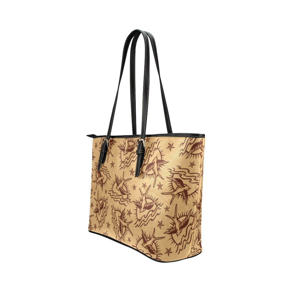 Sparrow Tattoos and Nautical Stars Leather Tote Bag/Small (Model 1651)