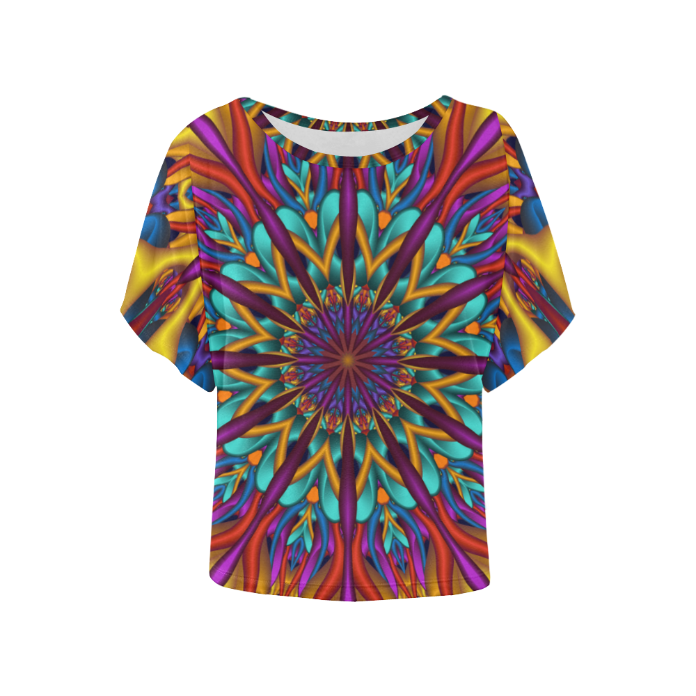 Psychedelic 3D fractal mandala Women's Batwing-Sleeved Blouse T shirt (Model T44)