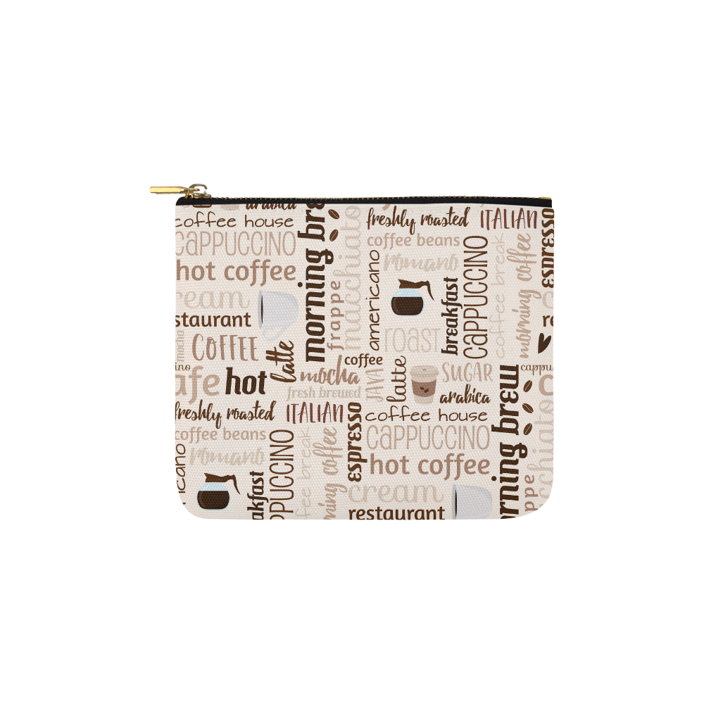 Cream, Beige, Chocolate, Coffee, Cappuccino, Latte, Words Pattern. Carry-All Pouch 6''x5''