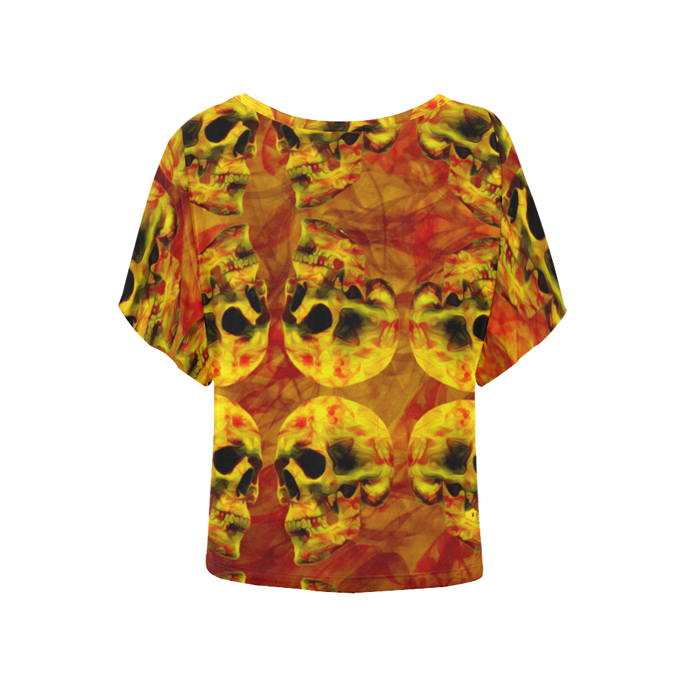 Flaming skull patteren Women's Batwing-Sleeved Blouse T shirt (Model T44)