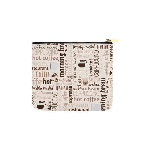 Cream, Beige, Chocolate, Coffee, Cappuccino, Latte, Words Pattern. Carry-All Pouch 6''x5''