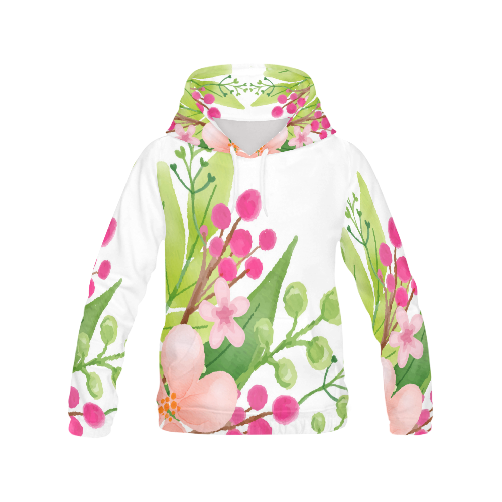 Cute Pink Green Watercolor Floral All Over Print Hoodie for Women (USA Size) (Model H13)