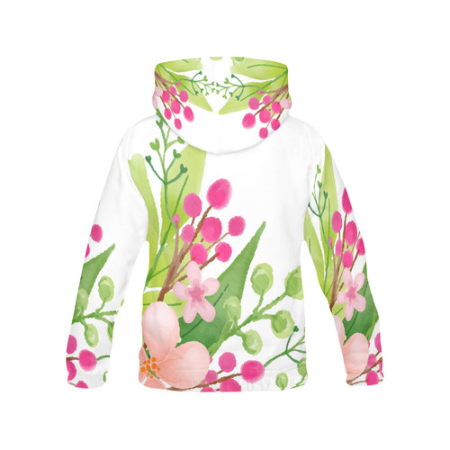 Cute Pink Green Watercolor Floral All Over Print Hoodie for Women (USA Size) (Model H13)