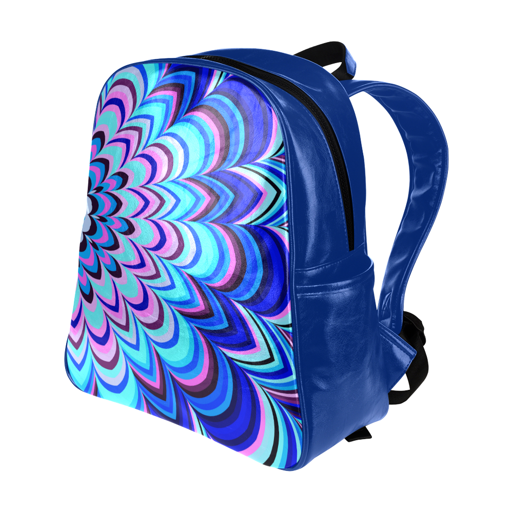 Asymmetric neon blue striped pattern Blue Version Multi-Pockets Backpack (Model 1636)