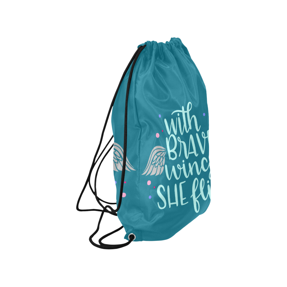 With_Brave_wings_she_fliespink teal Medium Drawstring Bag Model 1604 (Twin Sides) 13.8"(W) * 18.1"(H)