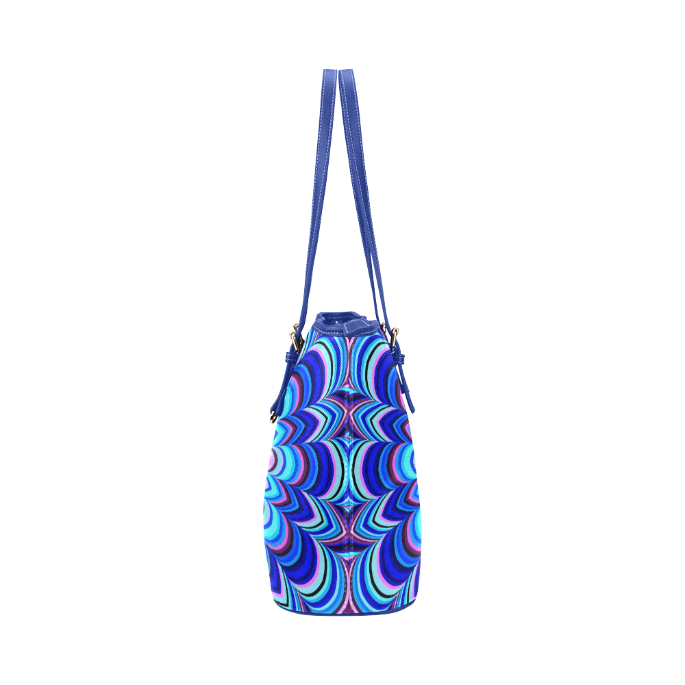 Neon blue striped mandala Leather Tote Bag/Small (Model 1651)