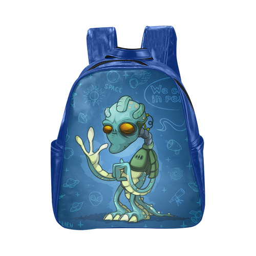 Alien Cartoon In Blue Multi-Pockets Backpack (Model 1636)