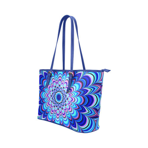 Neon blue striped mandala Leather Tote Bag/Small (Model 1651)