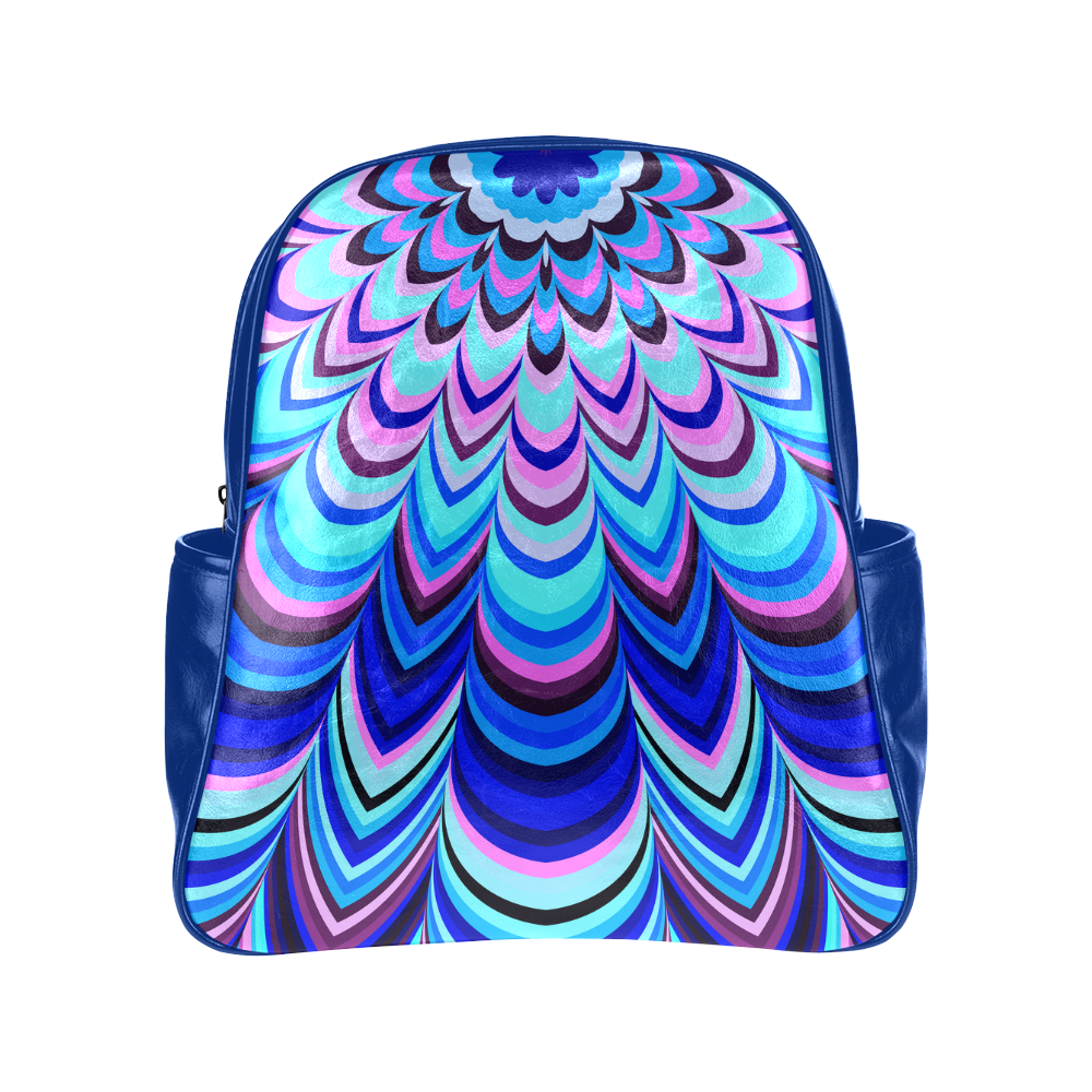 Neon blue striped mandala Half Version Multi-Pockets Backpack (Model 1636)