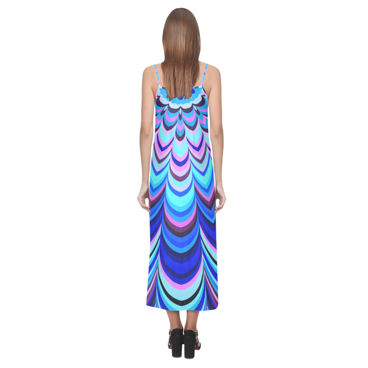 Neon blue striped pattern V-Neck Open Fork Long Dress(Model D18)