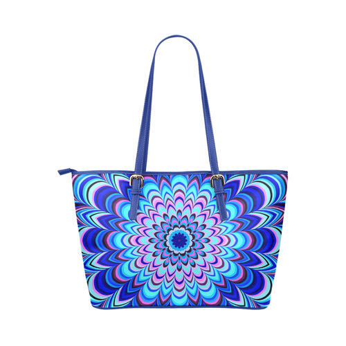 Neon blue striped mandala Leather Tote Bag/Large (Model 1651)