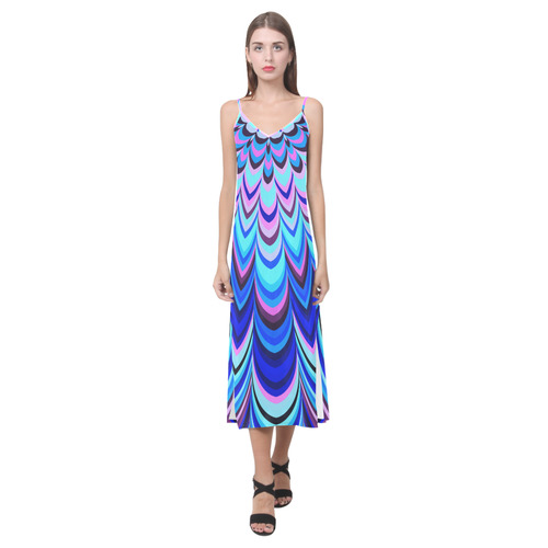 Neon blue striped pattern V-Neck Open Fork Long Dress(Model D18)