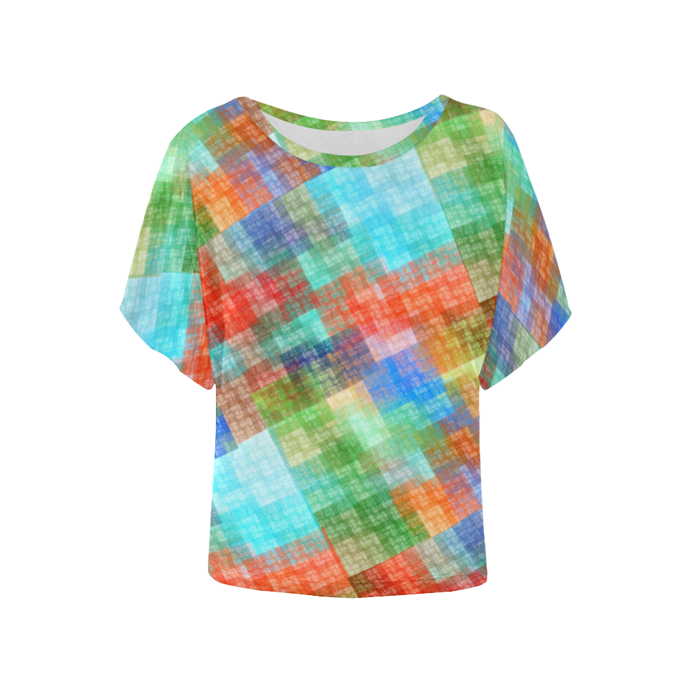 Funny Colorful Check Women's Batwing-Sleeved Blouse T shirt (Model T44)
