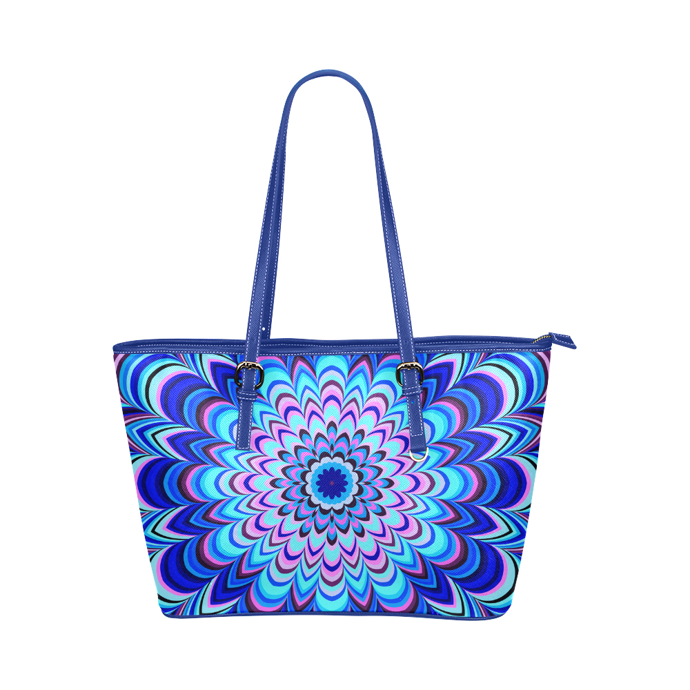 Neon blue striped mandala Leather Tote Bag/Large (Model 1651)