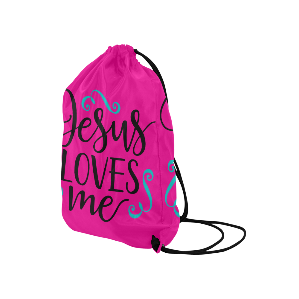Jesus Loves Me Pink Medium Drawstring Bag Model 1604 (Twin Sides) 13.8"(W) * 18.1"(H)