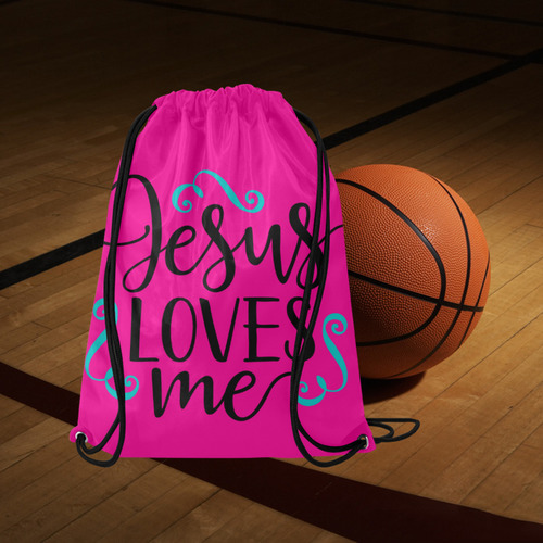 Jesus Loves Me Pink Medium Drawstring Bag Model 1604 (Twin Sides) 13.8"(W) * 18.1"(H)