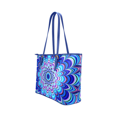 Neon blue striped mandala Leather Tote Bag/Large (Model 1651)