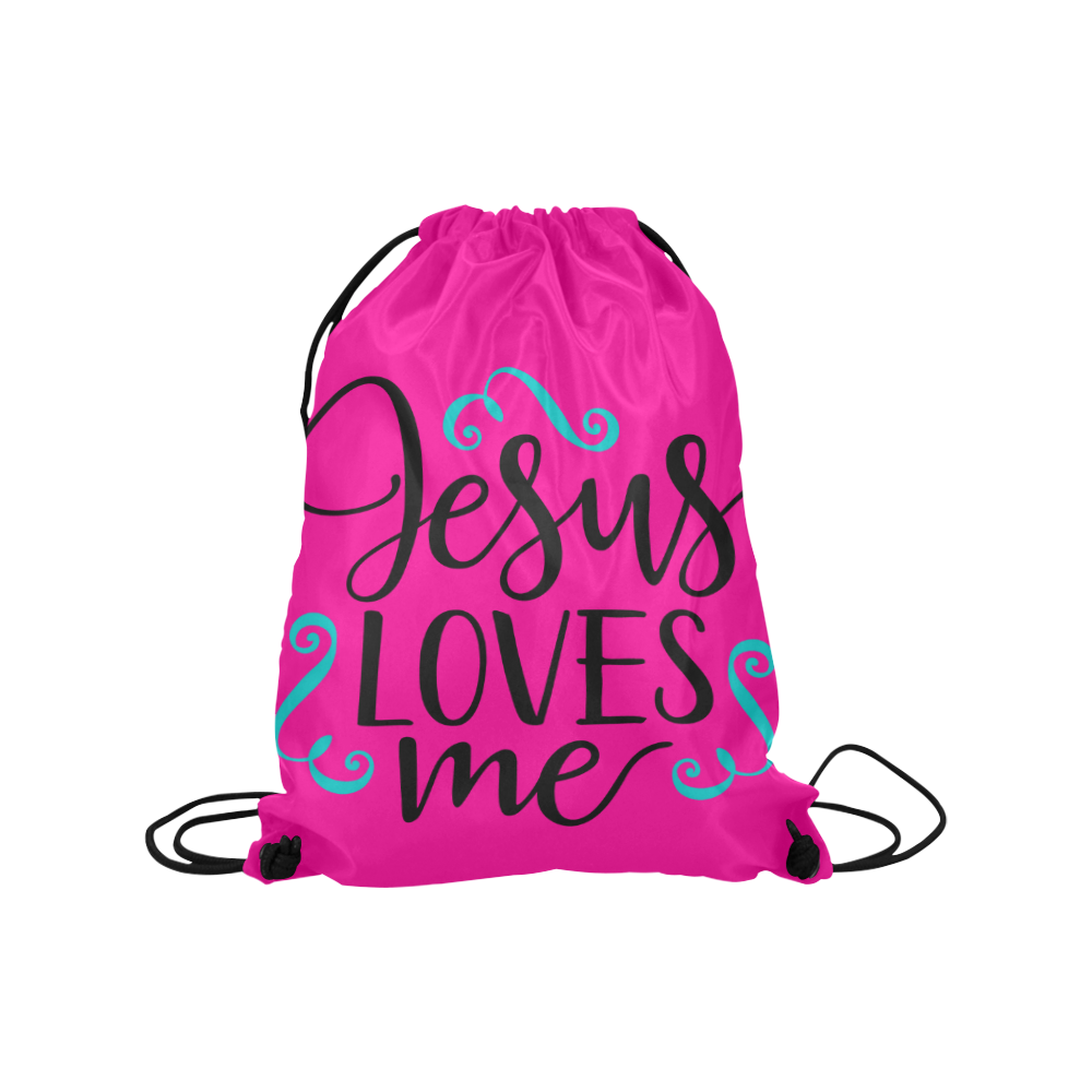 Jesus Loves Me Pink Medium Drawstring Bag Model 1604 (Twin Sides) 13.8"(W) * 18.1"(H)