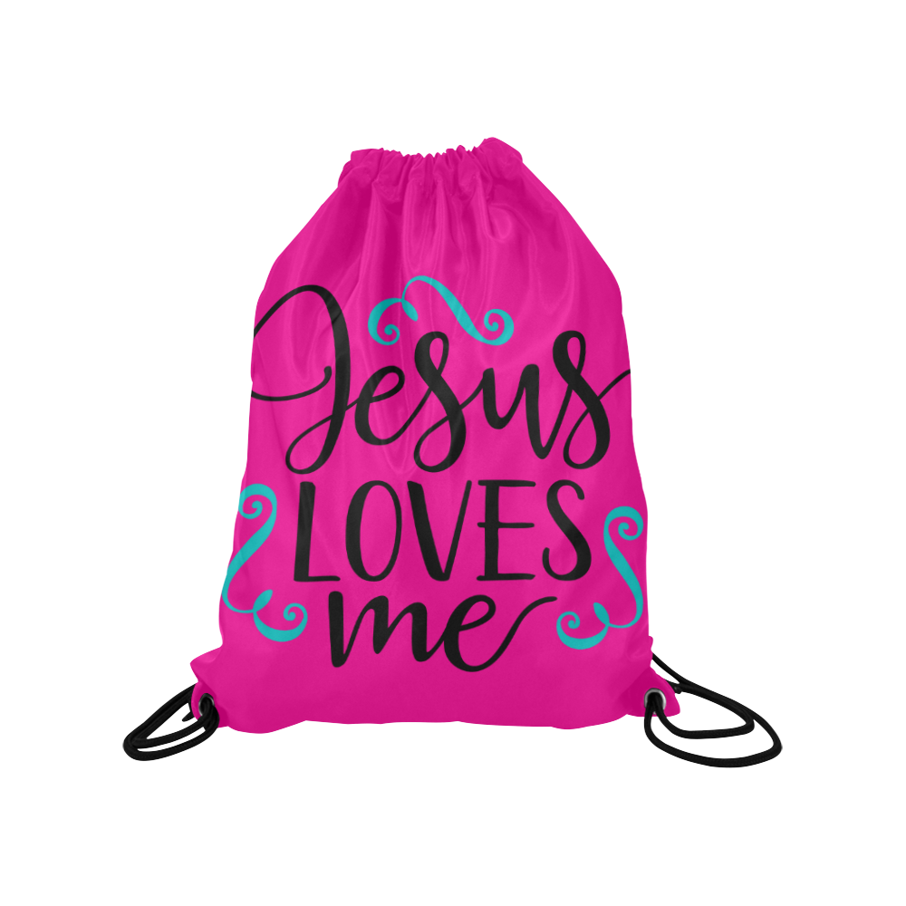 Jesus Loves Me Pink Medium Drawstring Bag Model 1604 (Twin Sides) 13.8"(W) * 18.1"(H)